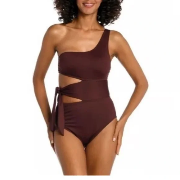 La Blanca Chocolate island goddess brown cut out one shoulder swimsuit 14 - Picture 1 of 5